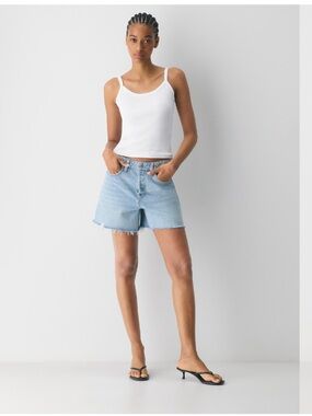 NWT Denim Forum Ex-Boyfriend Hi Mid-Thigh Denim Shorts in Light Blue